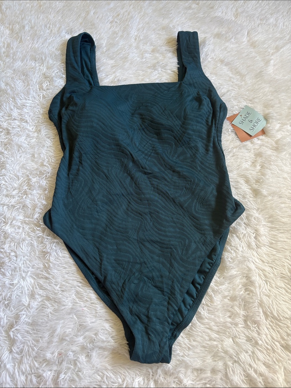 NWT Shade & Shore Blue Textured One Piece Swimsuit High Leg Medium Seat Coverage